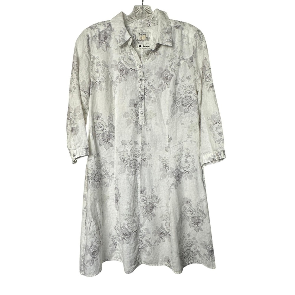 Malvin Shirt Dress Womens Medium White Linen Floral 3/4 Sleeve Pockets Casual